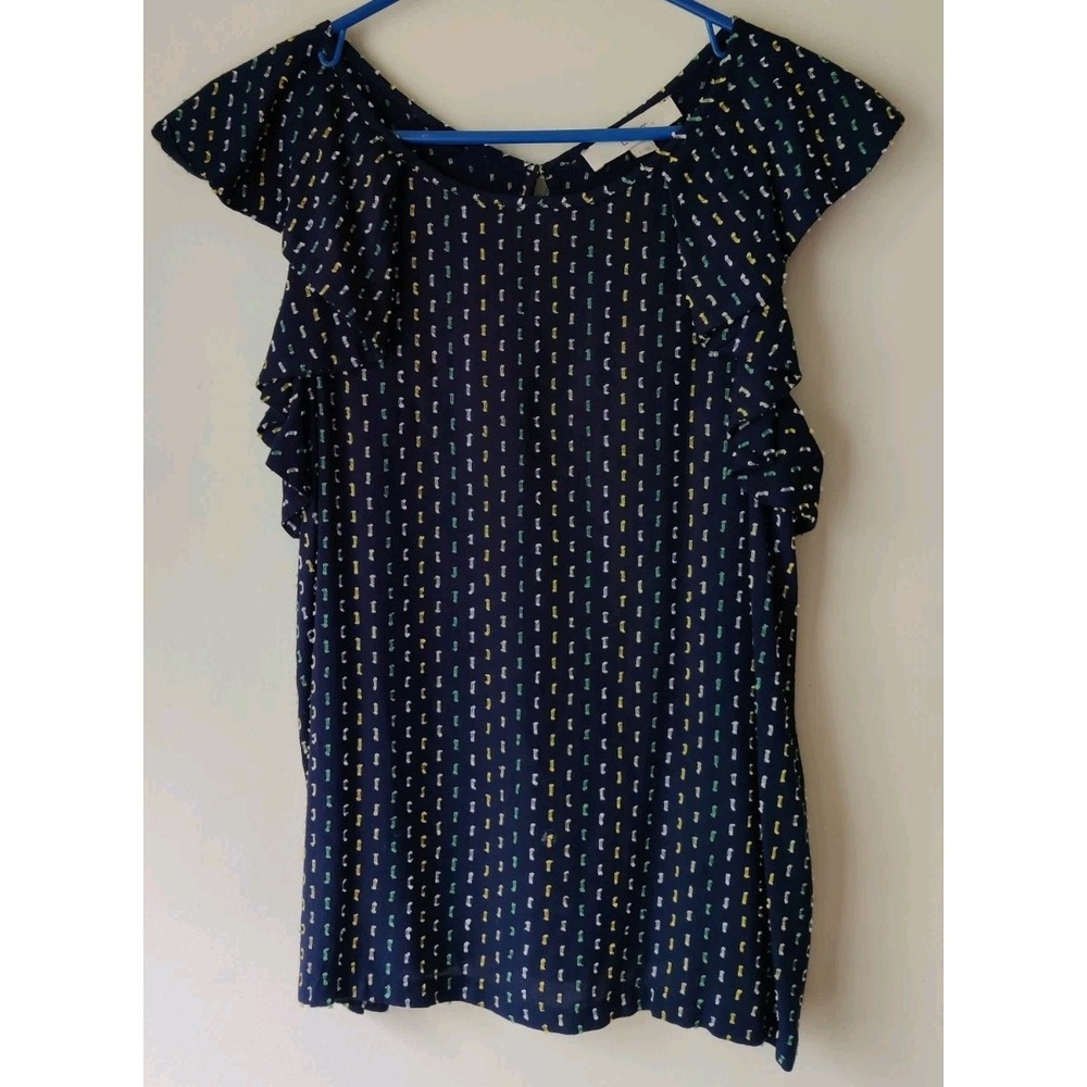 Loft Women's Clip Ruffle V-Back Shell Top Navy Blue/Yellow/Green Size Small - Picture 1 of 3
